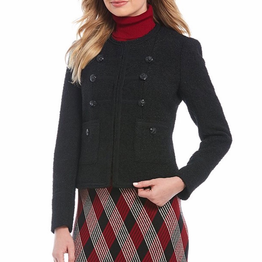 Anne Klein Boucle Military Jacket Black Wool Sz 4